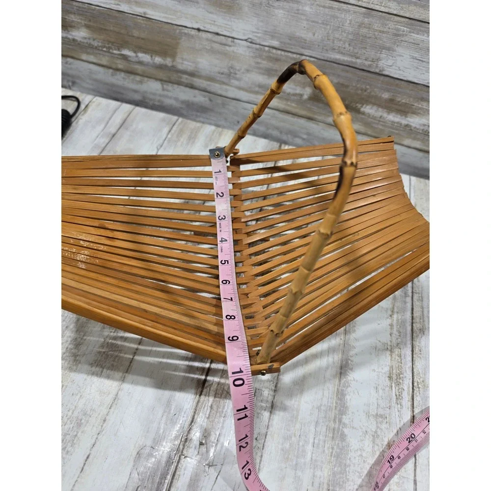Vintage Bamboo Slat Collapsible Fruit Basket Wood Handle Accordion Bowl Brown